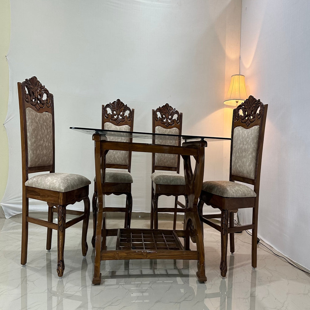 Yelodz Furniture Teak Wood Dining Table with Glass top, Set of 6 Seater Wooden Chairs.