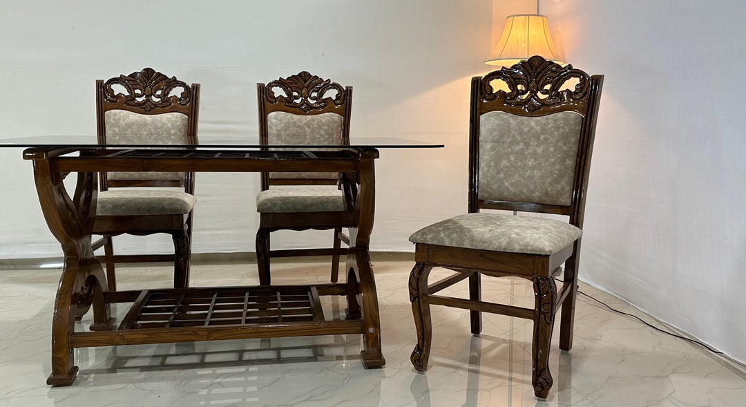 Yelodz Furniture Teak Wood Dining Table with Glass top, Set of 6 Seater Wooden Chairs.