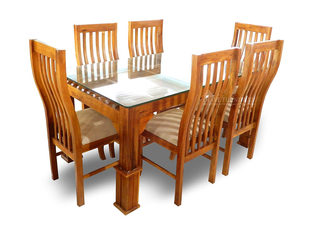 Yelodz Furniture Teak Wood Dining Table with Glass top, Set of 6 Seater Wooden Chairs.